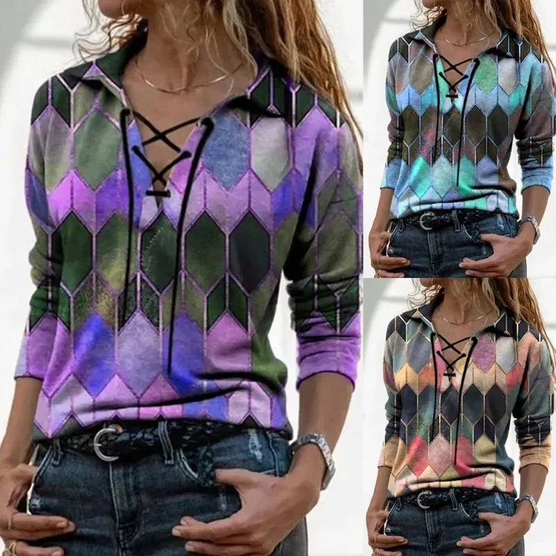 

Spring Tops Women's T-Shirt Long Sleeve Turn-Down Collar Casual Female Clothing V-Neck Lace-Up Print Plaid Office Lady Pullovers