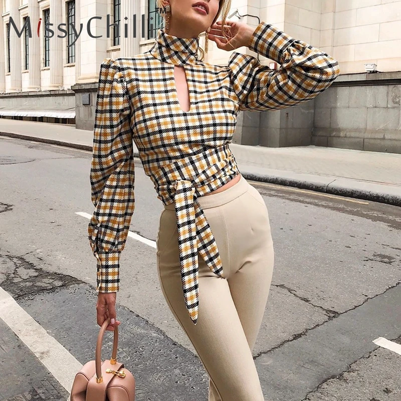 Женская блузка в клетку MissyChilli винтажная облегающая с открытой спиной и длинным