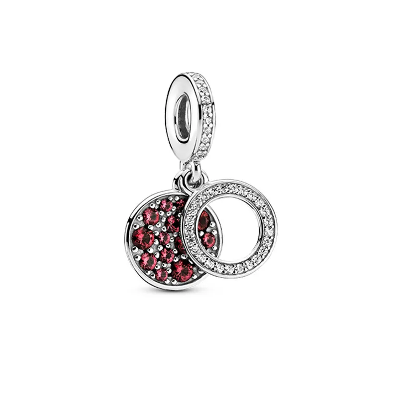 

Sparkling Red Disc Double Dangle Charms Fits Europe Bracelet Authentic 925 Sterling Silver Beads DIY Jewelry Making 2021 New
