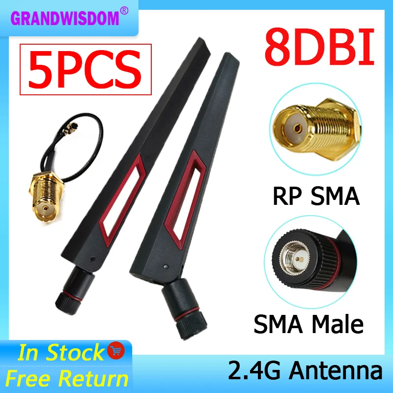 GRANDWISDOM 5pcs 2.4G antenna 8dbi sma male wlan wifi 2.4ghz antene IPX ipex 1 SMA female pigtail Extension Cable iot antena