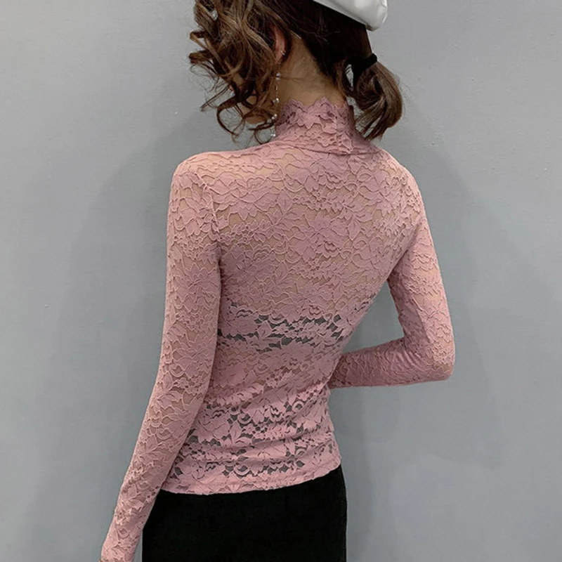 

Autumn Women Thin Black Lace T shirt Sexy Turtleneck Long Sleeve Slim Lace Crochet Patchwork Tee Tops
