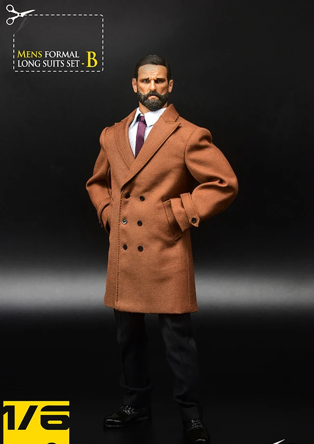 

1/6 Gentleman Mens Formal Long Suit Set Closure Collar Three-quarter Coat & Shoes Model for 12'' Body Male Figure Accessory