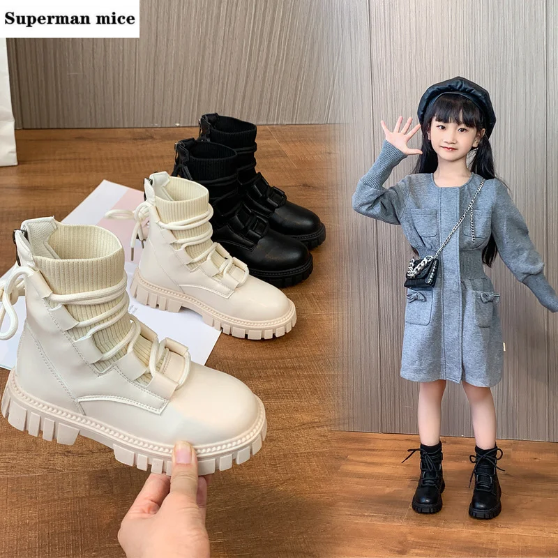 

New Cross tied Children Fashion Boots Solid PU Knitting Chunky Mid Calf Shoes For Kids Soft Non Slip Soft Zipper girls boots걸스부츠
