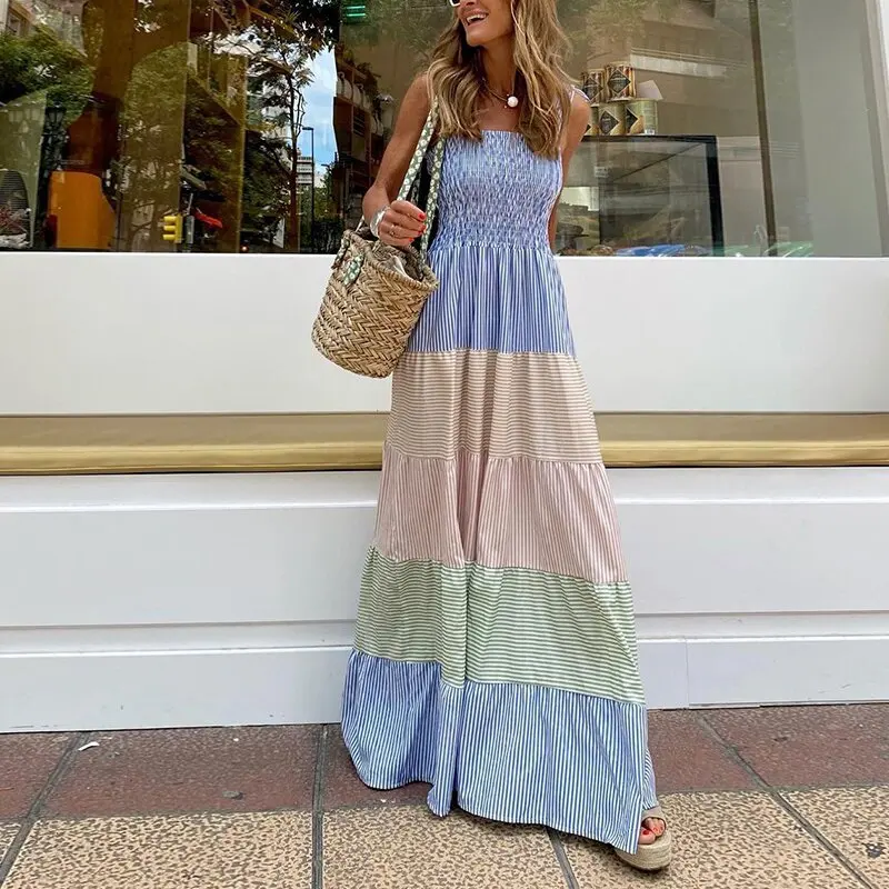 

2021 Summer Women's Striped Dress Slim Fit Sleeveless Long Skirt summer dress dresses