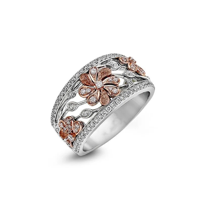 

Unique Female Crystal Flower Big Ring Rose Gold Silver Color Wedding Rings For Women Charm White Zircon Stone Engagement Ring