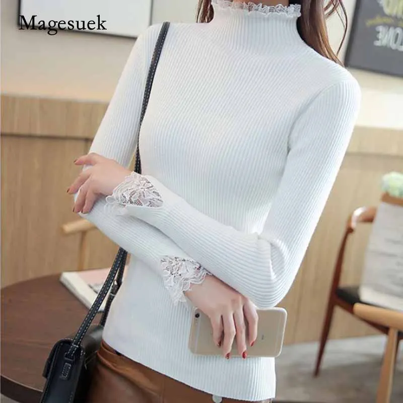 

Spring Women Slim Short Paragraph Bottoming Sweater Half-high Collar Sweater Solid Color Lace Thickening Inside Sweater 7569 50