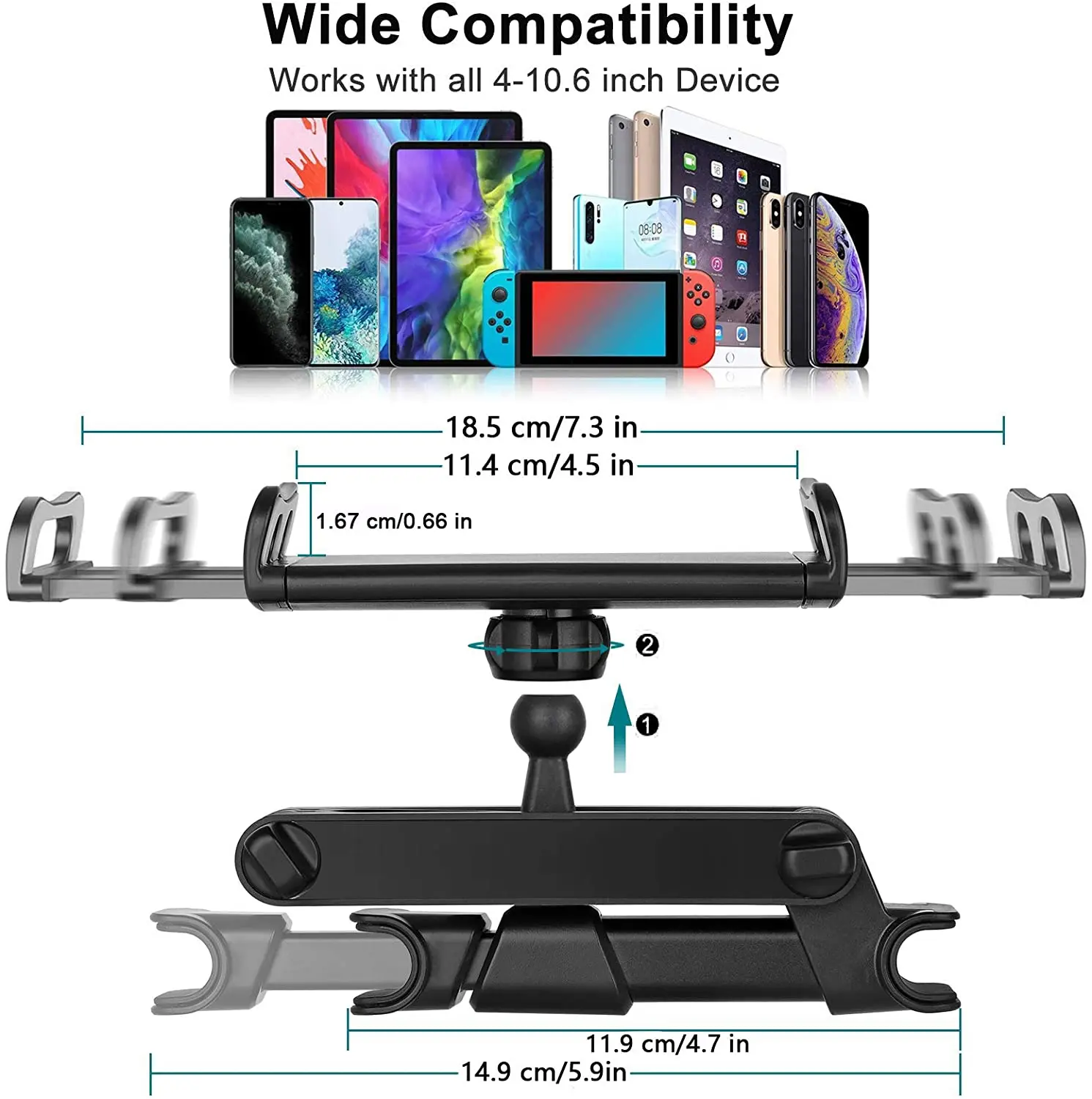Car Headrest Mount Stretchable Car Backseat Seat Mount/Tablet Headrest Holder Universal 360° Rotating Adjustable for all 4-10.6