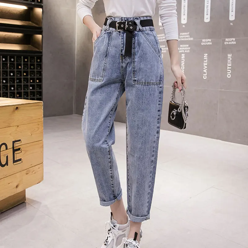 Брюки шаровары в стиле хип хоп свободные джинсы с высокой талией и поясом женские