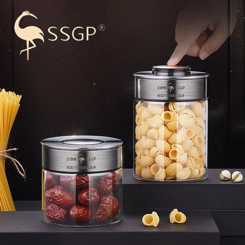

SSGP Kitchen Food Storage Container POP UP Glass Caniste Coffee Pasta Flour Transparent Sealed Cans Box 400/700/1300/1700ML