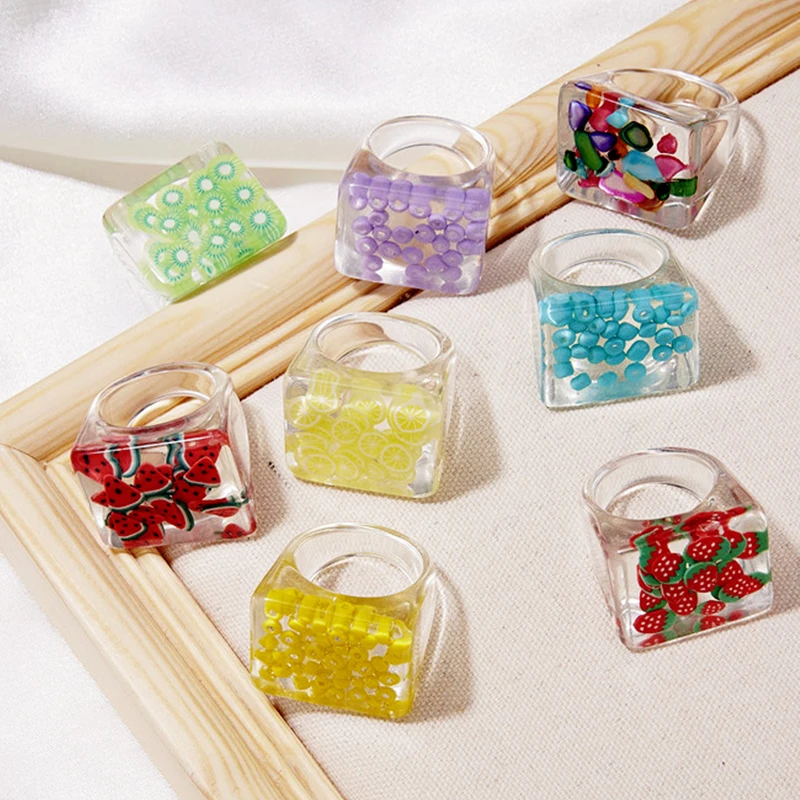 

2021 Korea Colorful Fashion Resin Fruit Ring Set For Women Girls New Design Strawberry Lemon Finger Rings Jewelry Party Gifts