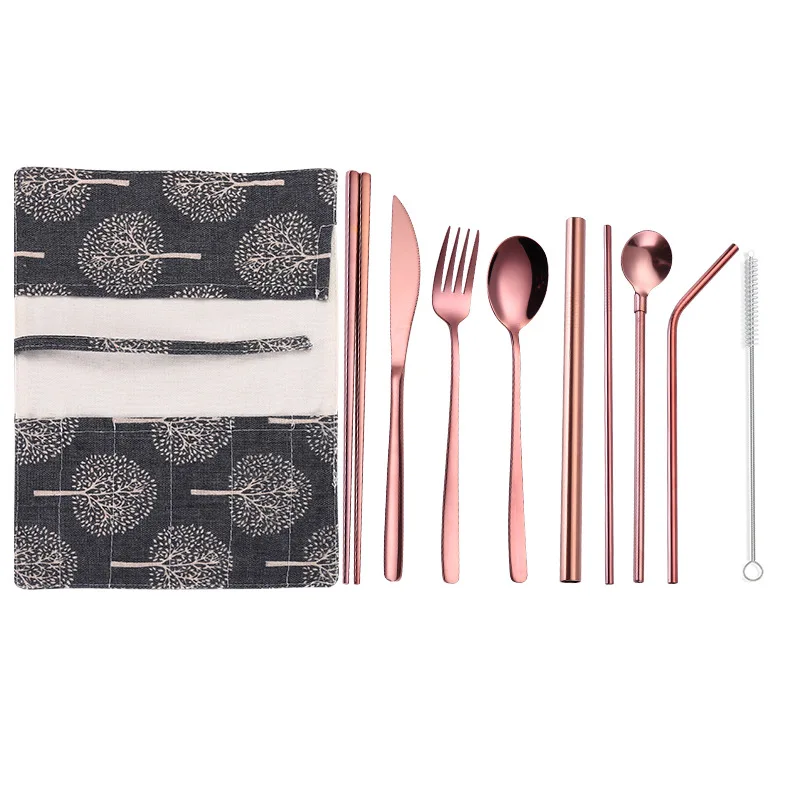 9PCS Rose Gold Tofok набор посуды из нержавеющей стали, ложка, вилка, палочки для еды, солома, упаковка ткани, столовые приборы для путешествий, для офиса, пикника, барбекю - Цвет: 9PCS Rose Gold