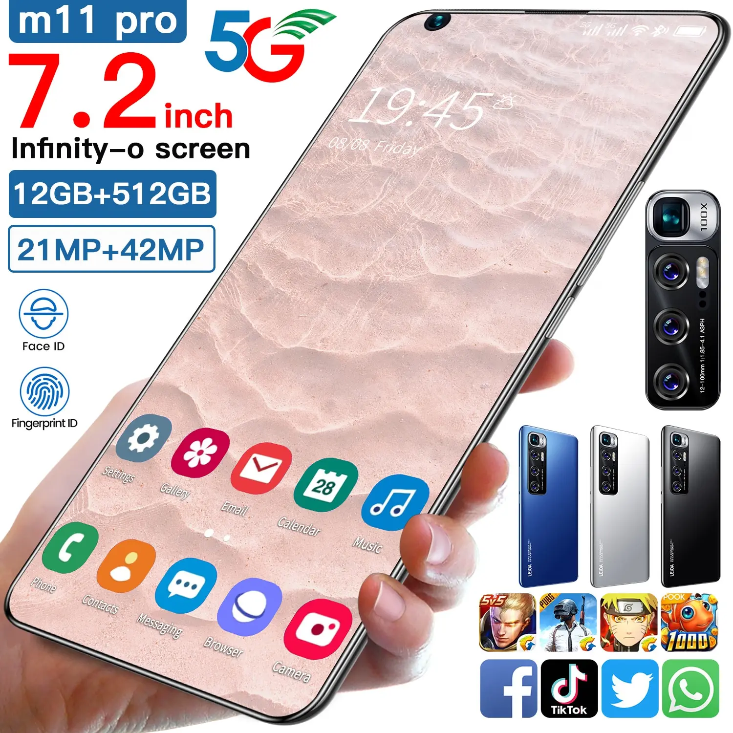 

M11 Pro 7.2 Inch Full Screen 8+512gb Dual Sim Face Unlock Andriod 10 Smart Phone 21+42mp 5600mah Mobile Phones