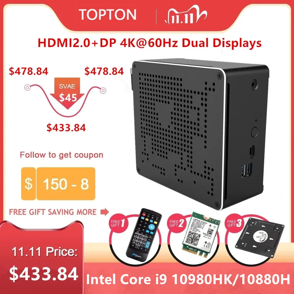 Игровой мини ПК Topton i9 10980HK 10 поколение 10880H 8 ядер i5 2 Lan Windows * DDR4 NVME AC WiFi настольный