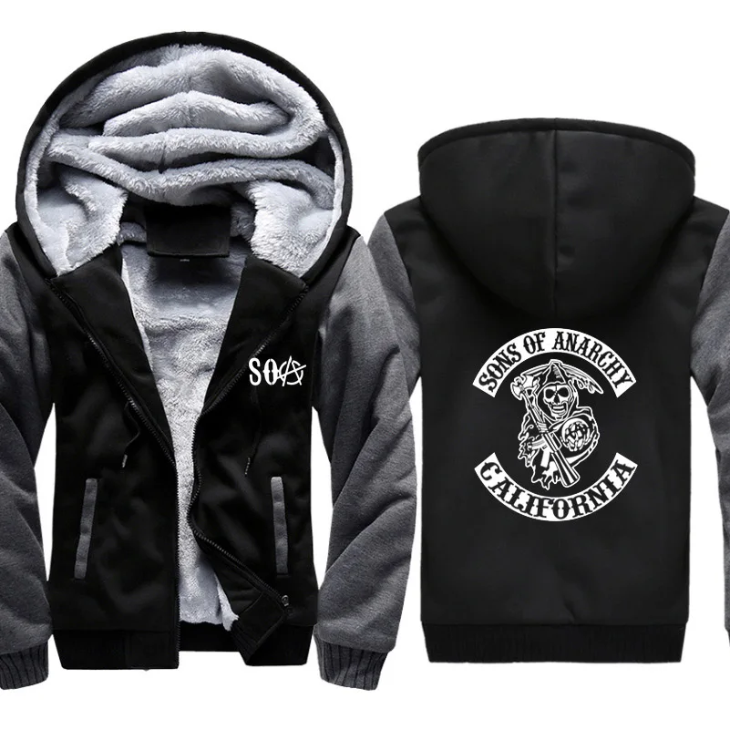 

SOA Sons of Anarchy Hoodies Mens Winter fleece Thicken Warm coats zipper Sweatshirt SAMCRO Print Mens Hoodies Jacket Hoody Male