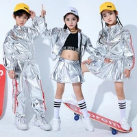 children fashion silver hip hop clothing short jacket top crop coat running casual pants for boy jazz dance costume clothes wear