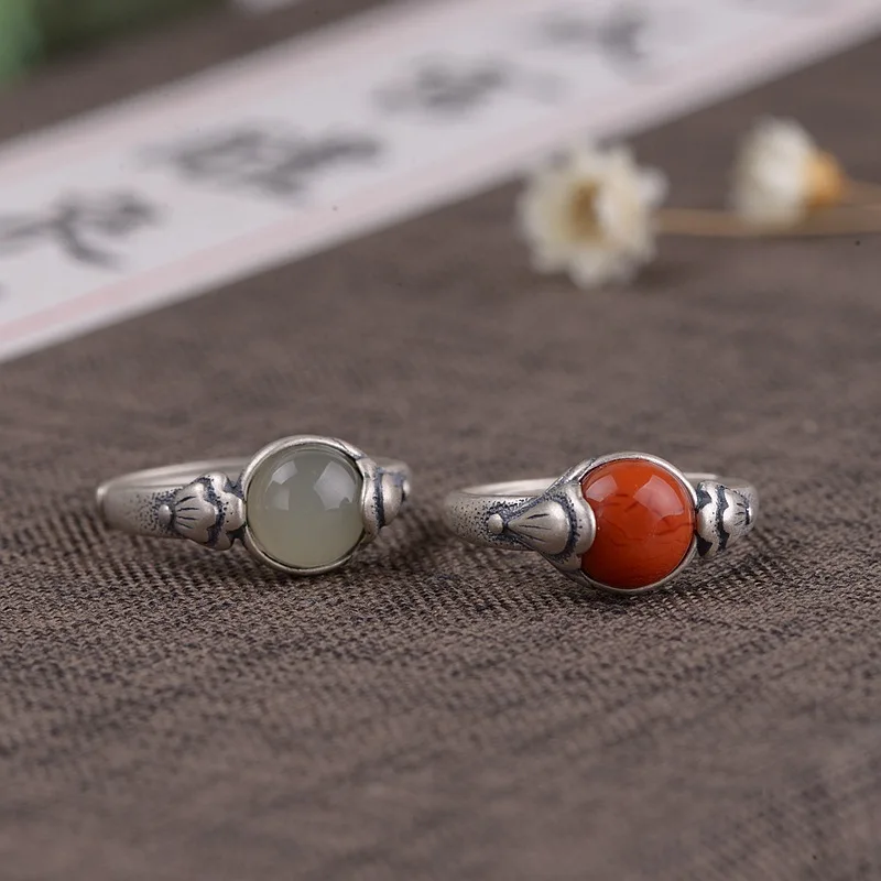 

S925 Sterling Silver Retro Craft Women's Ring Classical Fashion Silver Support Inlaid Southern Red Hetian Jade Open Ring Ring