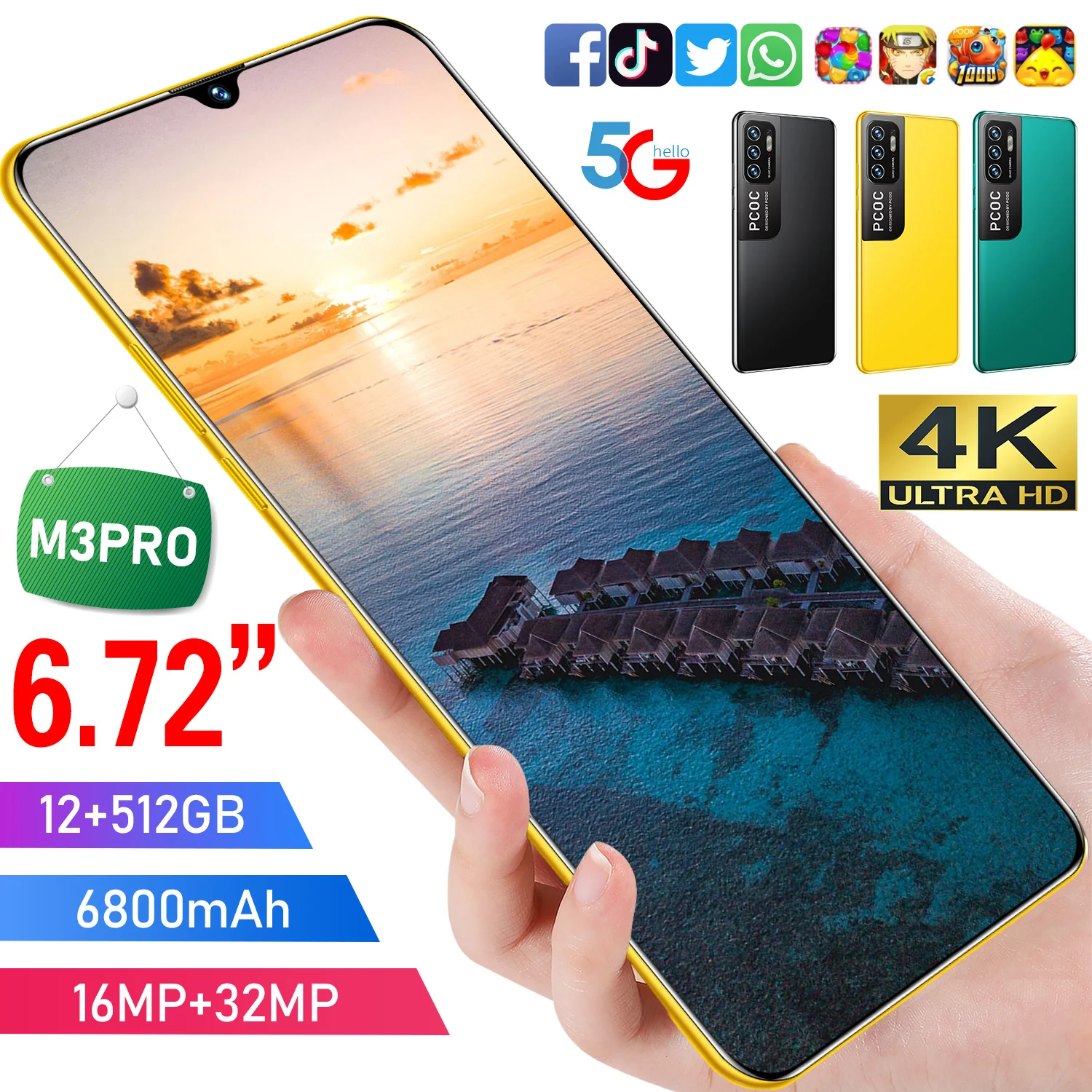 

New Arrival 2021 5G M3 Pro Mobile Phone 6.72Inch Drop Screen 16MP+32MP MTK6889 Strong 10Core 6800mAh Face ID Latest Android 10