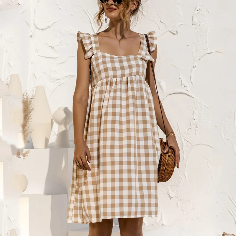 

Женское клетчатое мини-платье в стиле пэчворк, летние модные милые элегантные свободные повседневные женские платья без рукавов с квадратн...