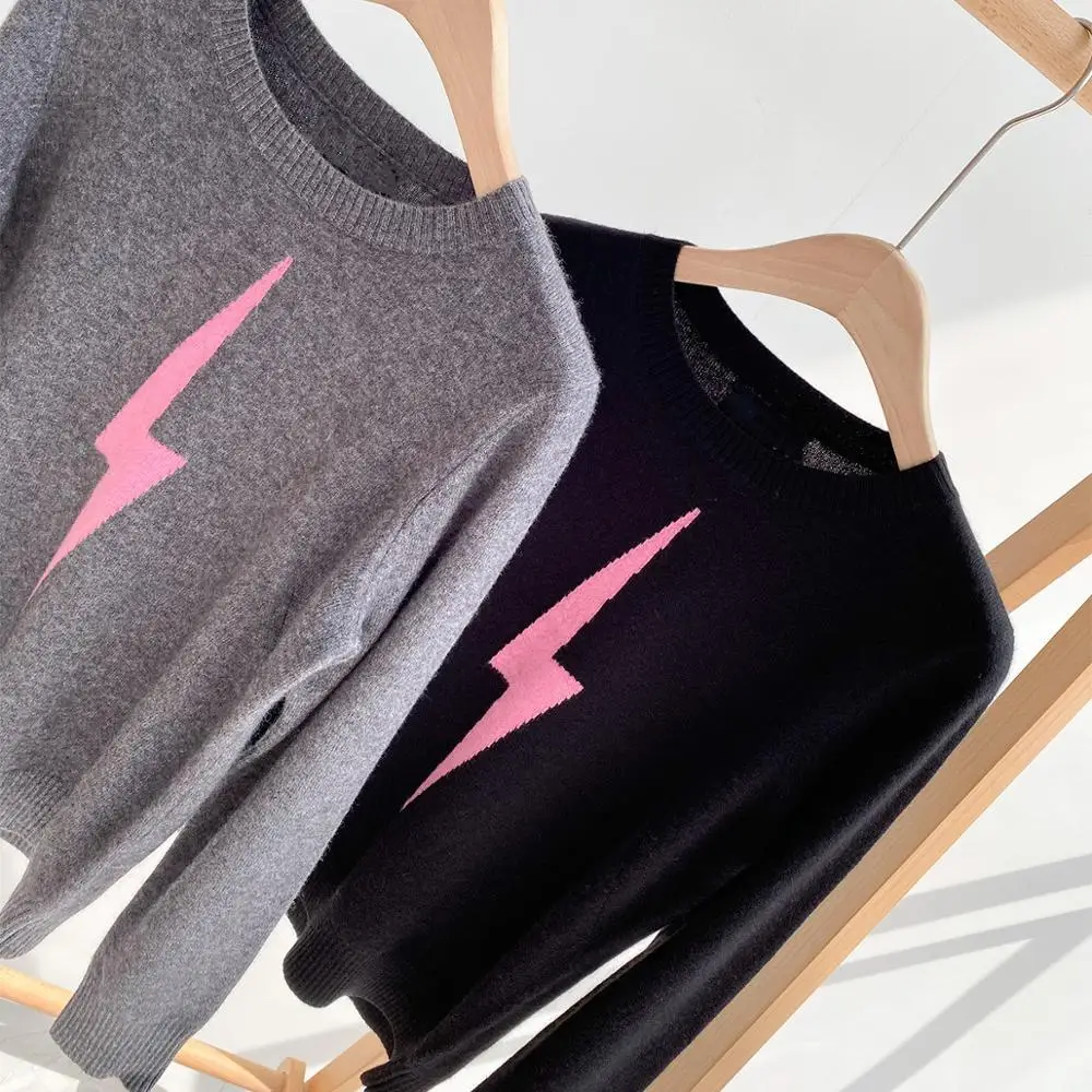 

Autumn Winter Women's Gray Black Sweater 100% Cashmere Pink Lightning Pattern Embroidery Female O-neck Pullover Loose