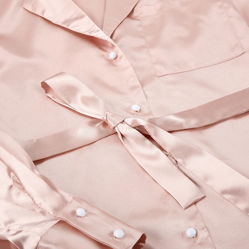 

HECHAN Green Khaki Women Sleepwear With Sashes Loose Long Sleeve Pocket Satin Pajamas Female Pants Solid Nightgown Home Suit