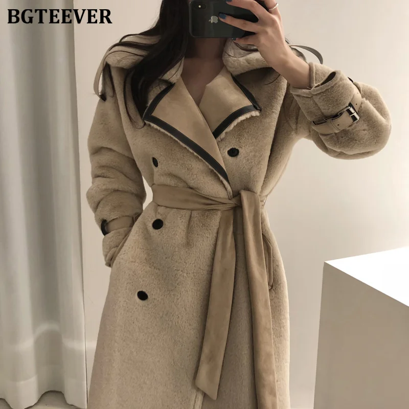 BGTEEVER Зубчатый воротник двубортное женское длинное плотное пальто теплое