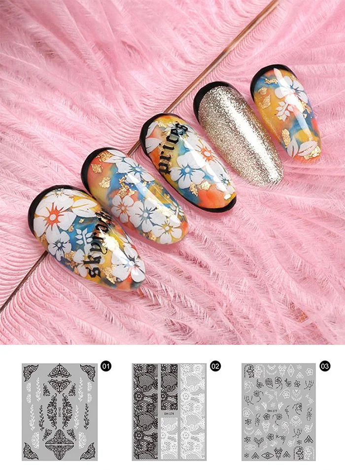 1 Sheet 3D Nail Stickers Self-adhesive Stripe Shape Flowers Element Mixed Patterns Transfer Decals Nail Decoration for Nail Art