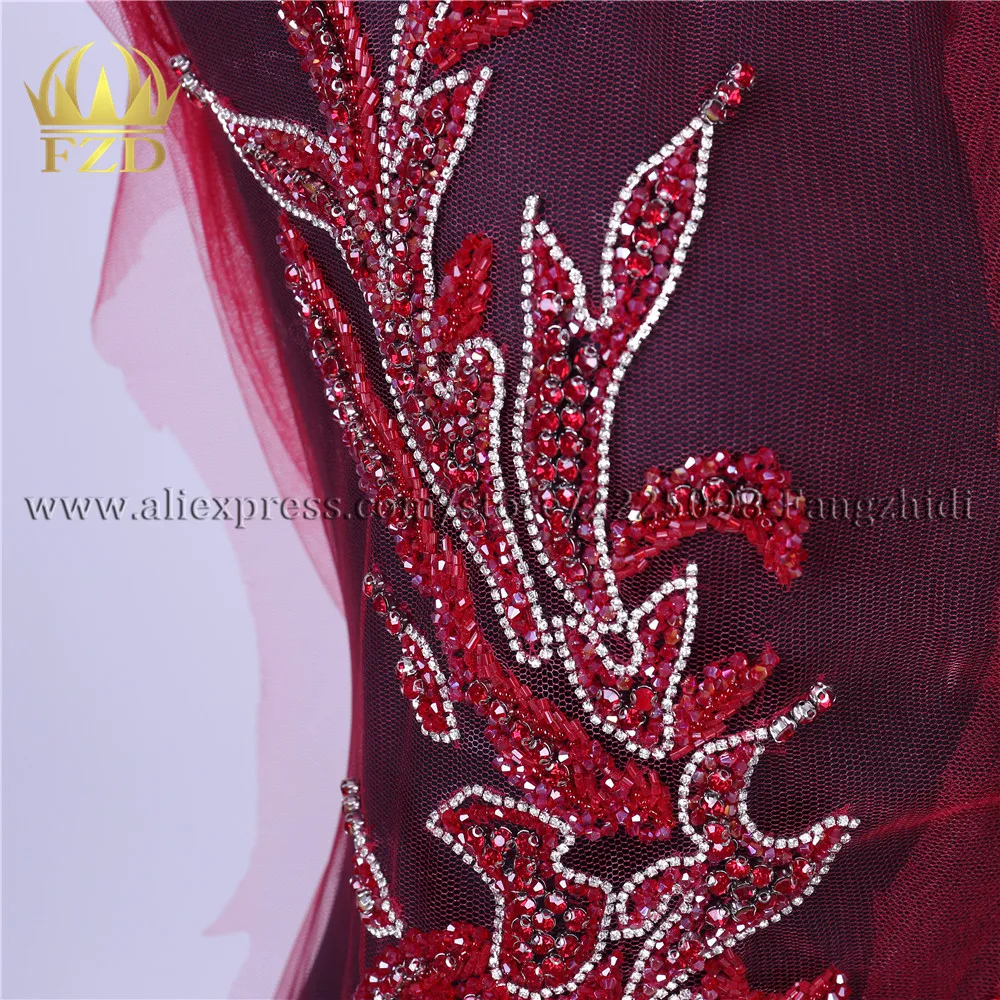 FZD 1 Pair Handmade Red Beaded Applique Silver Rhinestone Patches for Wedding Party Gown Dress DIY Bridal With Gauze | Дом и сад