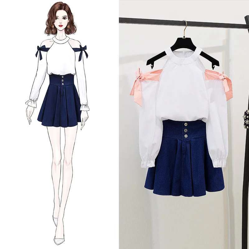 Блузка с бантом на плече и джинсовая короткая юбка Новое поступление комплект