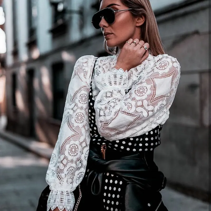 

ZOGAA Elegant White Lace Blouse Shirt Sexy Hollow Out Embroidery Feminine Blouse Women Long Lantern Sleeve Summer Tops Female