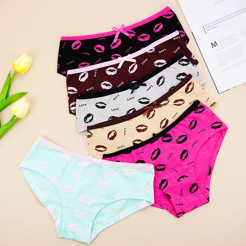 Letter Cotton Underwear 6pcs/pack Soft Women Panties Cute Underpants Lip Fashion Mid Rise Ladies Briefs S-L Wholesale