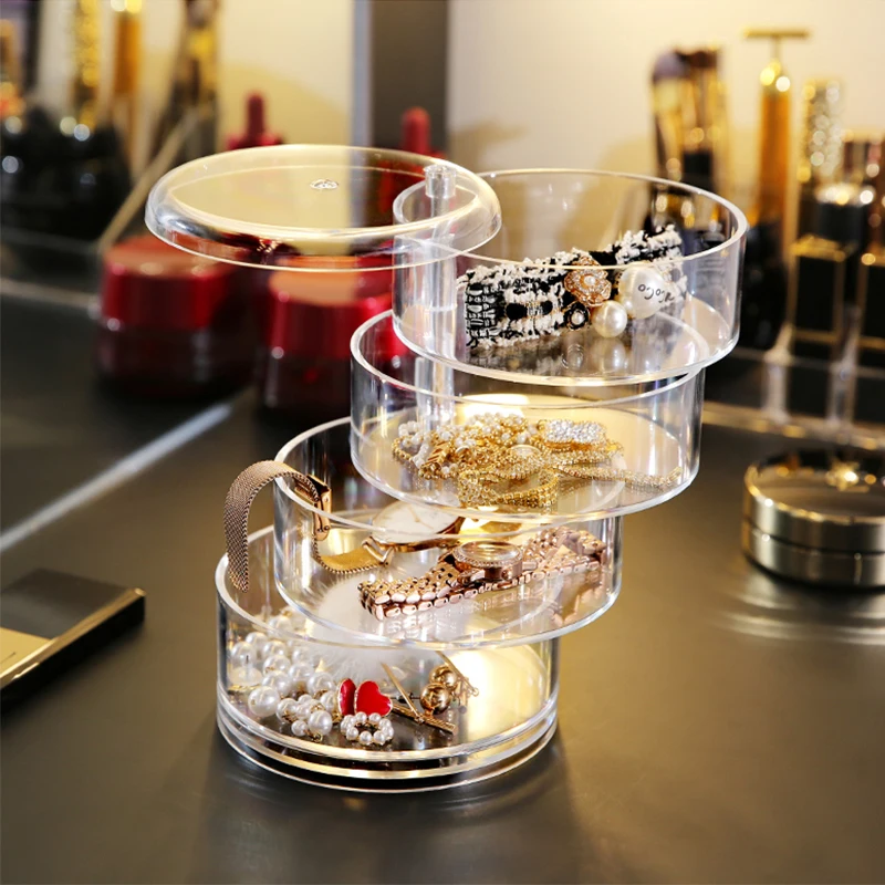 

360 Degree Rotating Jewelry Case Holder 4 Layer Acrylic Jewelry Storage Box earrings Display Makeup Organizer Cosmetic Organizer