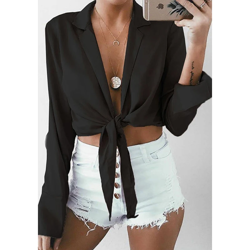 Летняя Свободная Женская блузка с длинным рукавом и узлом спереди шикарный