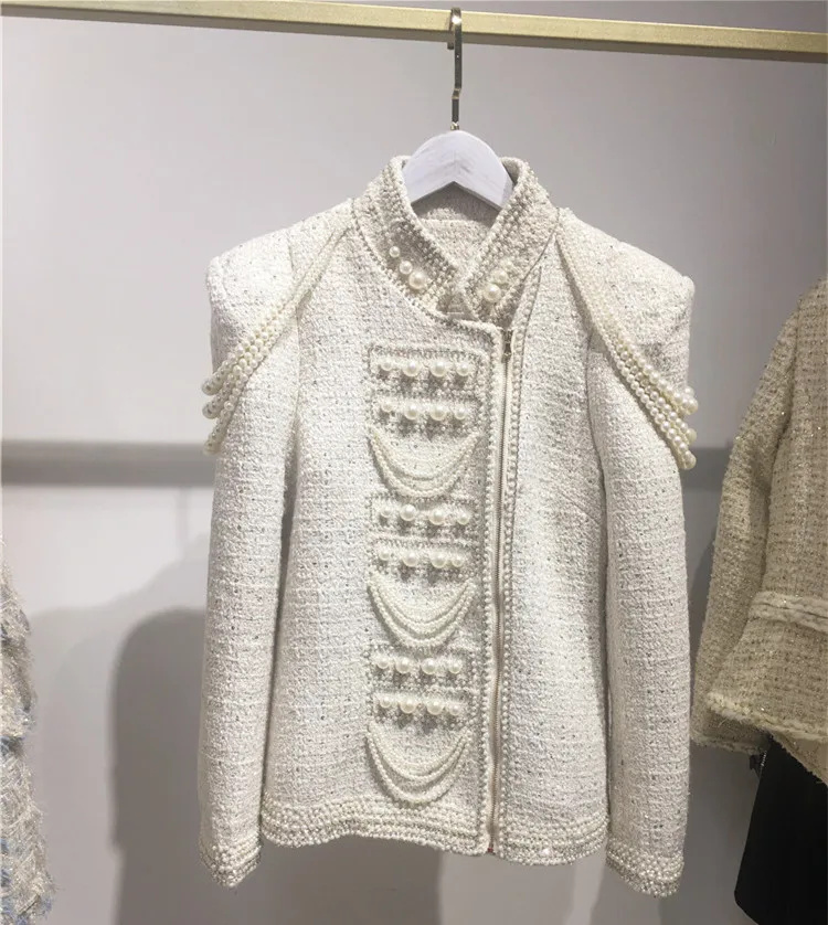 Модное женское твидовое пальто с жемчугом и бисером весна осень