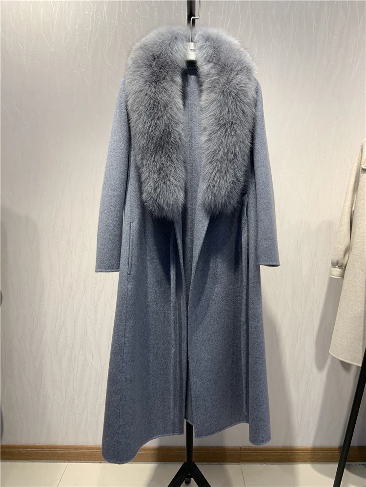 blue OFTBUY новое пальто с натуральным мехом, зимняя куртка для женщин, Воротник из натурального Лисьего меха, шерсть, тонкая Длинная Верхняя одежда с поясом, женская уличная одежда - Цвет: blue