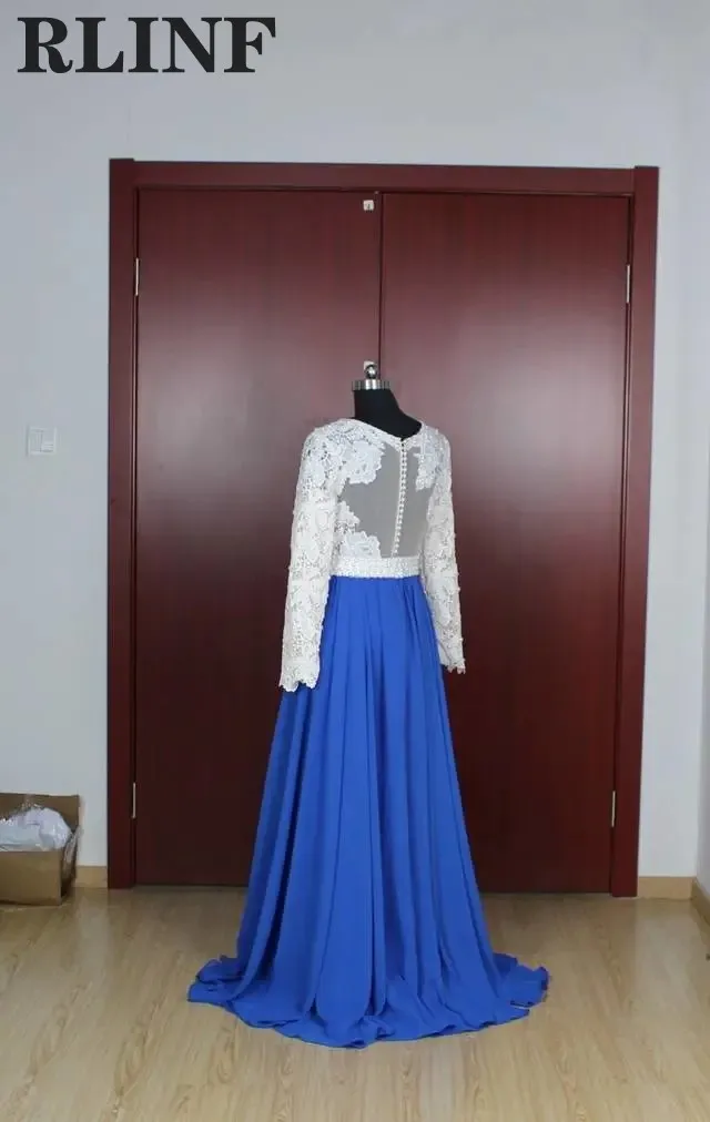 

Custom Evening Dress White/Blue Lace Long Sleeves A Line Formal Gowns