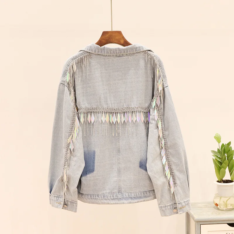 Осенние с кисточками джинсовая куртка Для женщин цепочка со стразами Винтаж