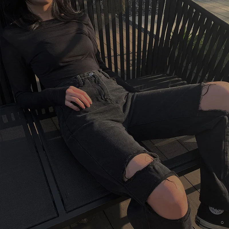 

Streetwear Ripped Jeans Women 2020 Black Hole Jeans Korean Fashions Straight Loose Harem Pants Denim Pants Plus Size 4XL