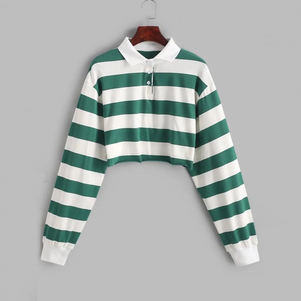 

Fashion Buttons Striped T-Shirt Casual Autumn Winter Ladies Loose Tee Crop Tops Female Women Long Sleeve Shirt Pullover