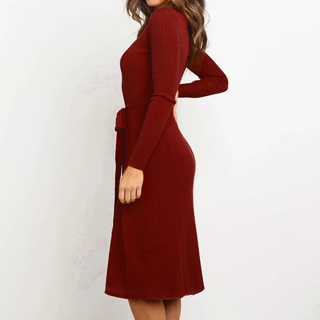 Женское трикотажное платье-свитер с длинным рукавом средней длины | Женская