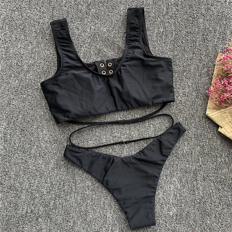 Женский купальник с высоким вырезом комплект бикини топ на пуговицах купальный