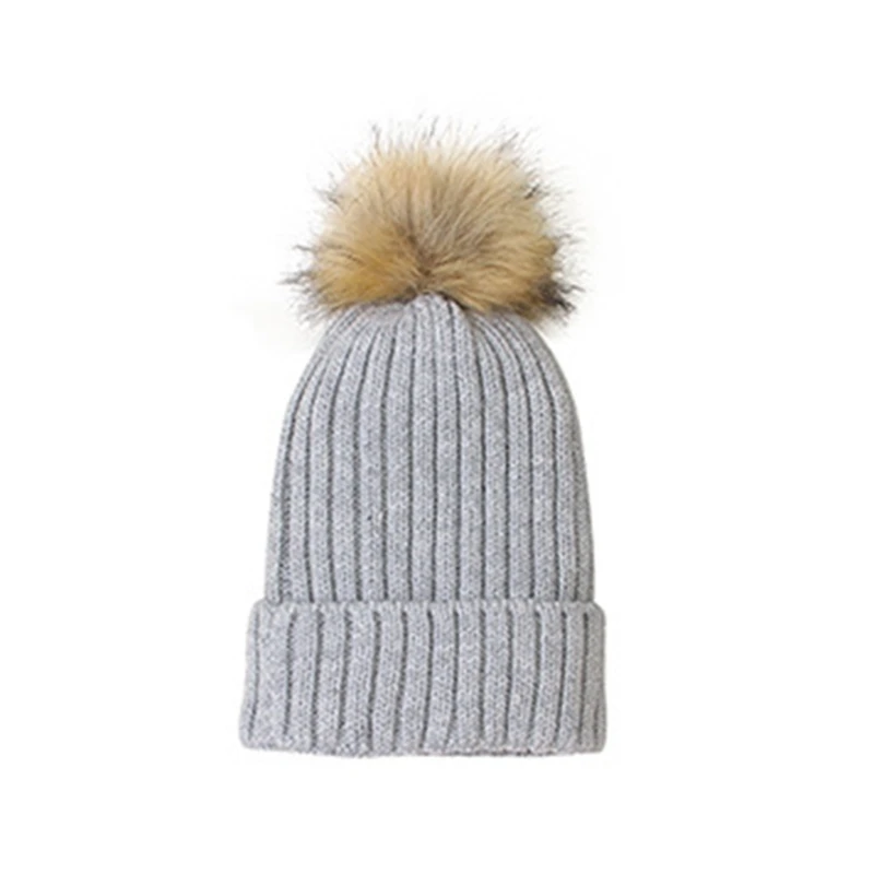 

Children Girls Boys Knitted Solid Color Hemming Hat Winter Warm Baby Cap Fur Ball Pompom Beanies