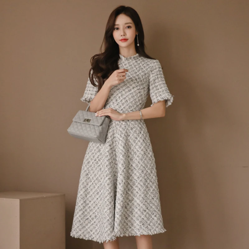 

Half Sleeve Glaid Women Summer Dresses Knee Length Off Lady Party Gowns DZA056