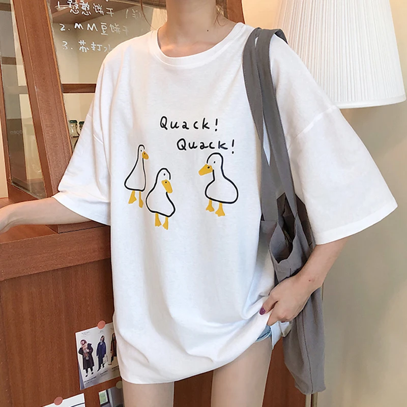 

Duck Cartoon Print Summer T-Shirts Women Short Sleeve O-Neck Casual Cotton Loose Shirts Girls Korean Tops Tees Harajuku W971