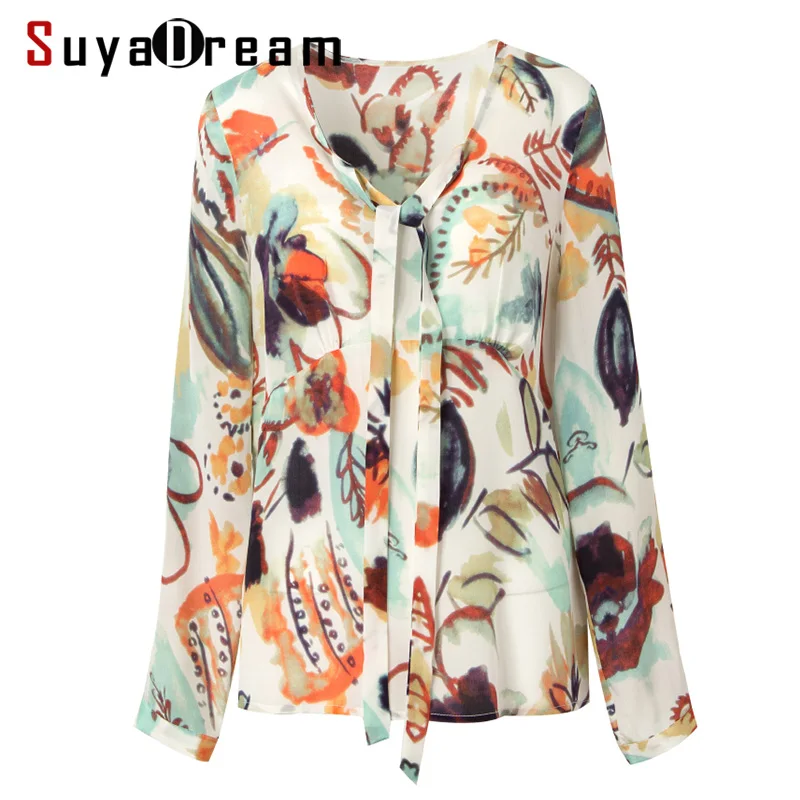 Женская блузка из 100% натурального шелка с принтом длинными рукавами и бантом на