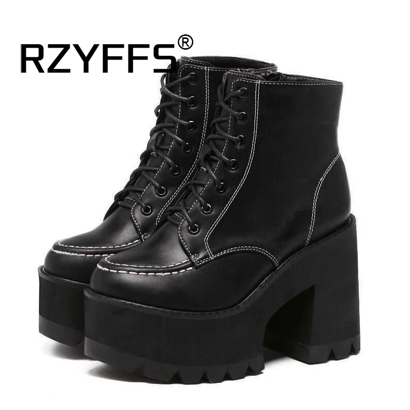 

2021 Autumn Winter Woman Shoes Fashion Thick Heel Ankle Boots Lace Up Black Boots Platform Shoes Women Leather High Heels A423
