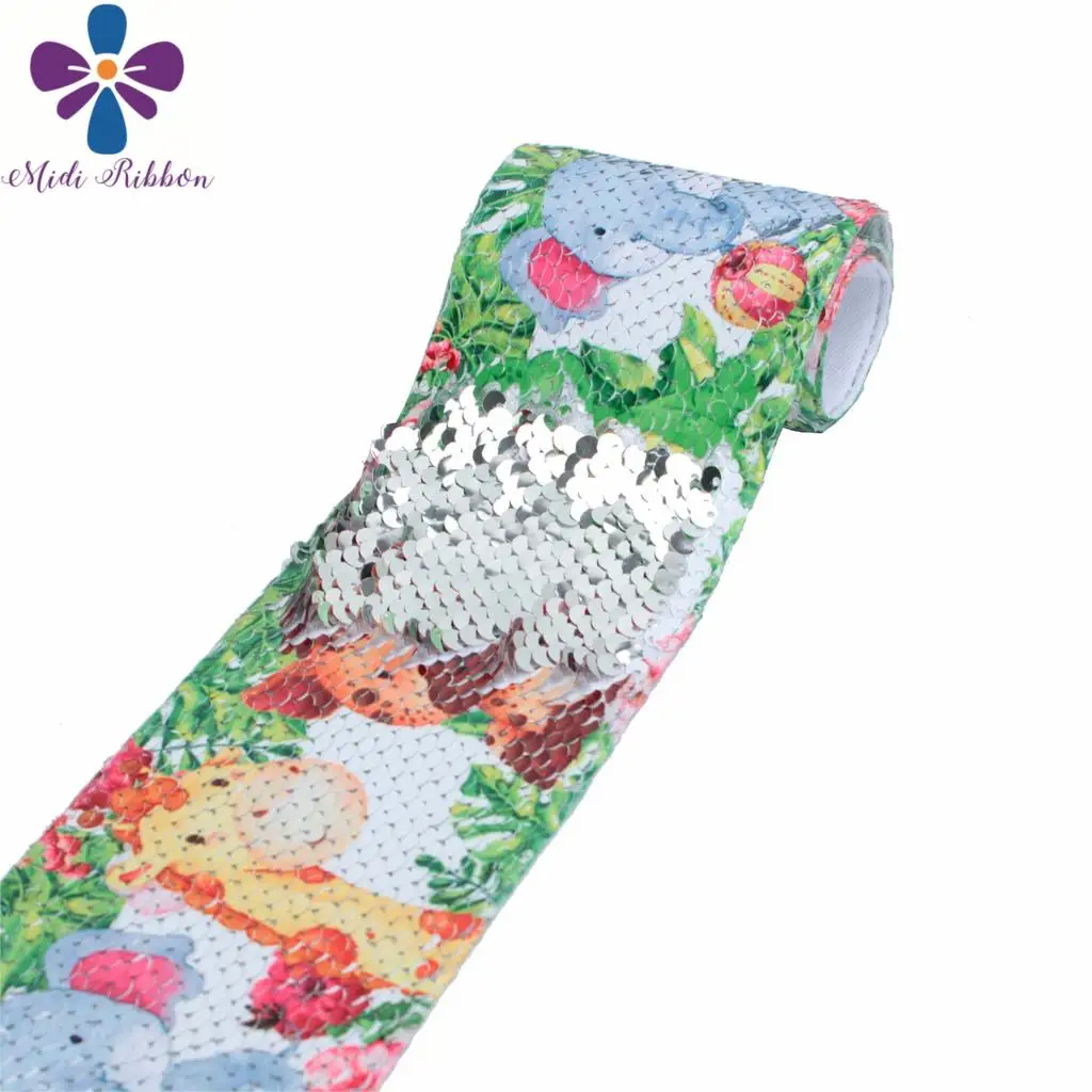 

3"75mm Cartoon Rabbit Hedgehog Zoo Double Reversible Silver Sequin Ribbon DIY Party Gift Bowknots Hair Band Easter Day 46yards