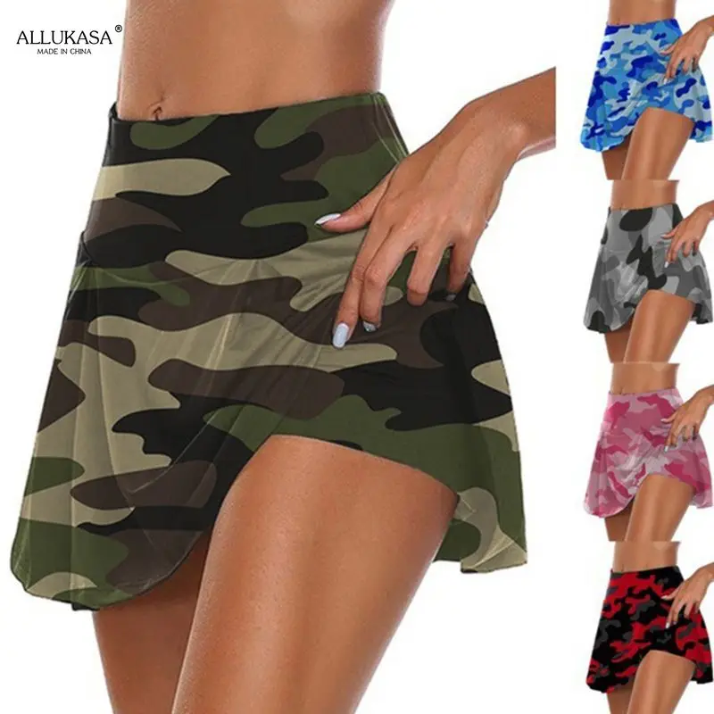 

Gym Women Running Shorts Women High Waist 2-In-1 Patchwork Fitness Sport Skorts Camouflage Pleated Golf Skirts with Shorts