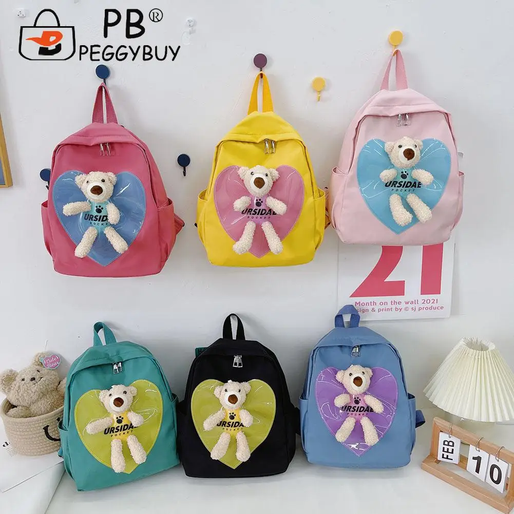 

Kindergarten Cute Love Heart Bear Doll Design Shoulder Crossbody School Bag Portable Contrast Color Children Travel Backpack