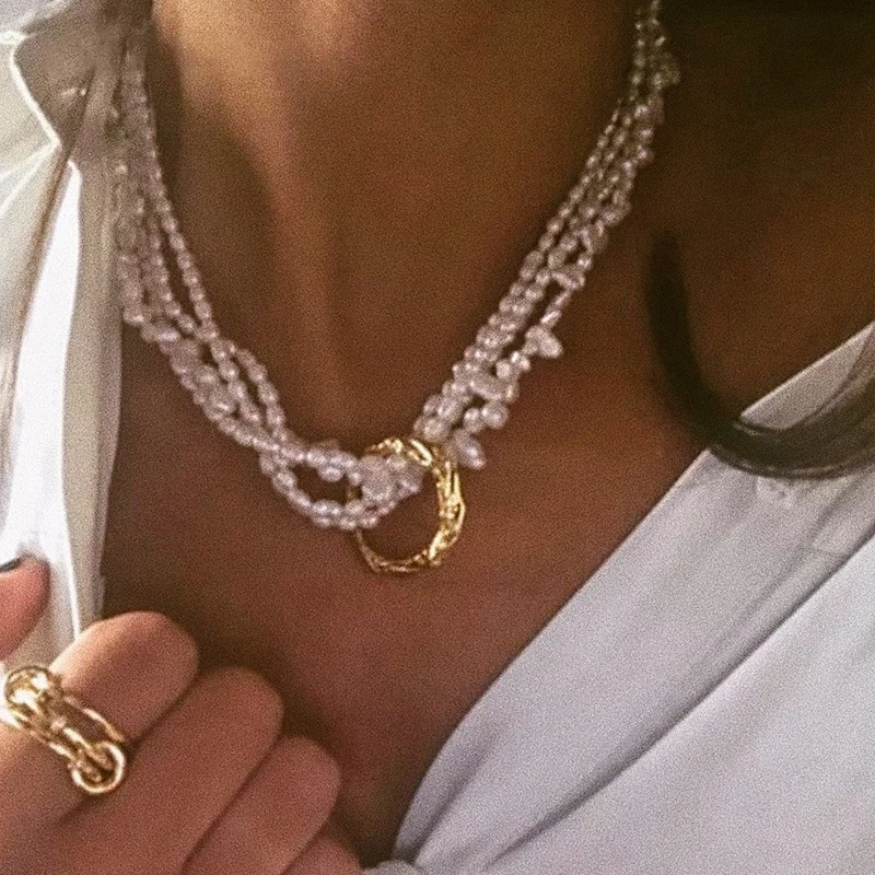 Многослойное женское ожерелье из латуни с натуральным жемчугом 18 карат