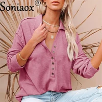 new ribbing white t shirts women long sleeve casual cotton tops spring autumn button turn down collar street tee loose pullover